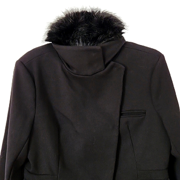 BEBE Black Car Length Swing Coat Faux Fur Trim Large - Picture 3 of 13